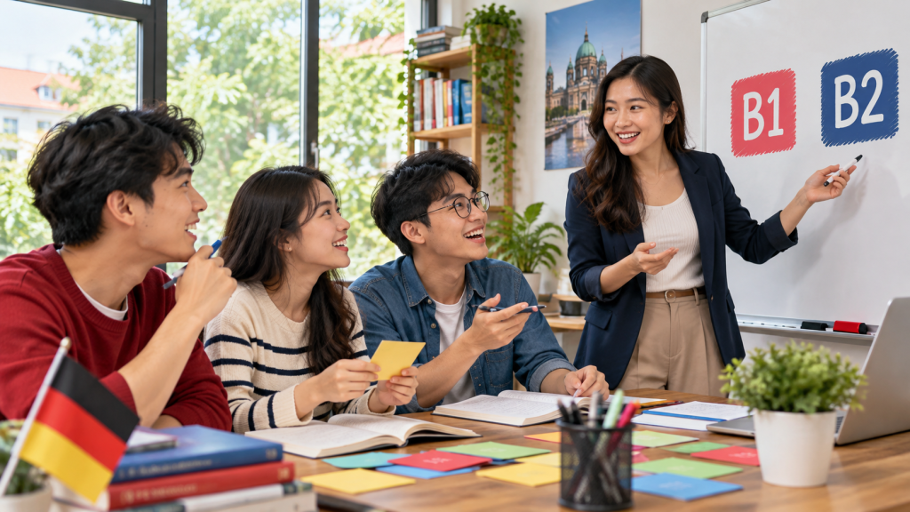 Ảnh minh họa nhóm học viên luyện tiếng Đức và trao đổi về trình độ B1 B2