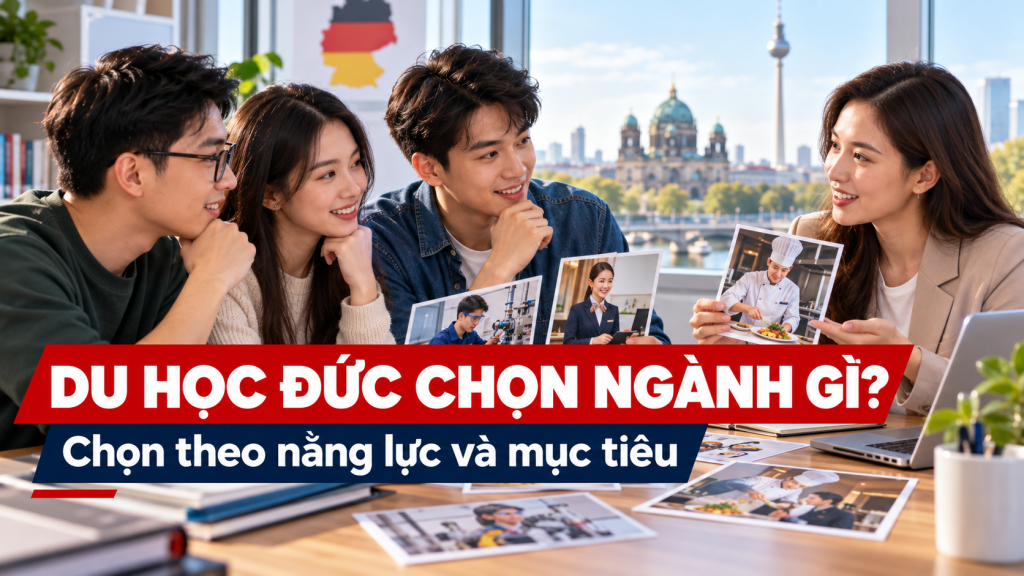 Ảnh minh họa nhóm người học trao đổi về lựa chọn ngành du học Đức, có chữ lớn trên ảnh