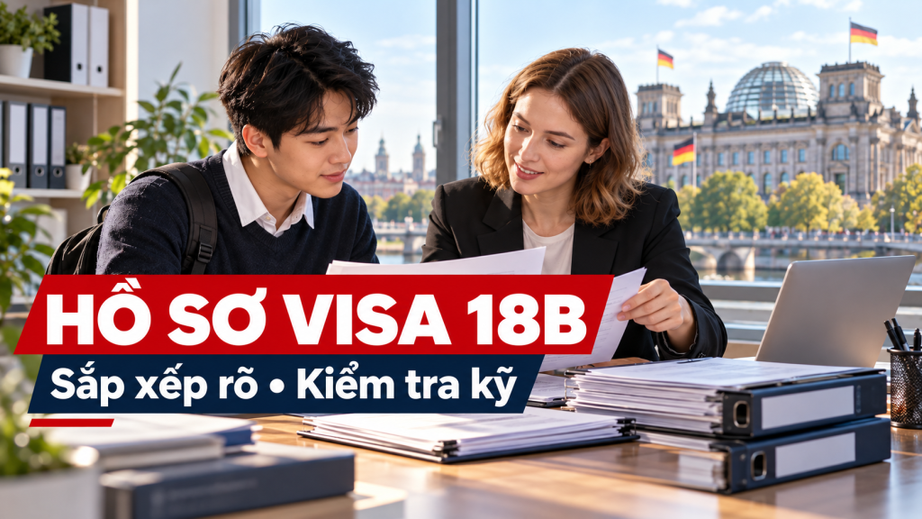 Ảnh minh họa ứng viên và người tư vấn rà soát tài liệu, có chữ Hồ sơ Visa 18B trên ảnh