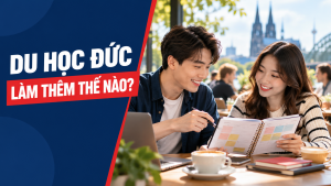 Ảnh minh họa người học trao đổi lịch tuần tại quán cà phê, có chữ Du học Đức – Làm thêm thế nào?