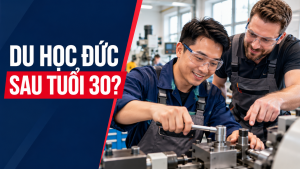 Ảnh minh họa người trưởng thành học kỹ năng tại xưởng, có chữ Du học Đức – Sau tuổi 30?