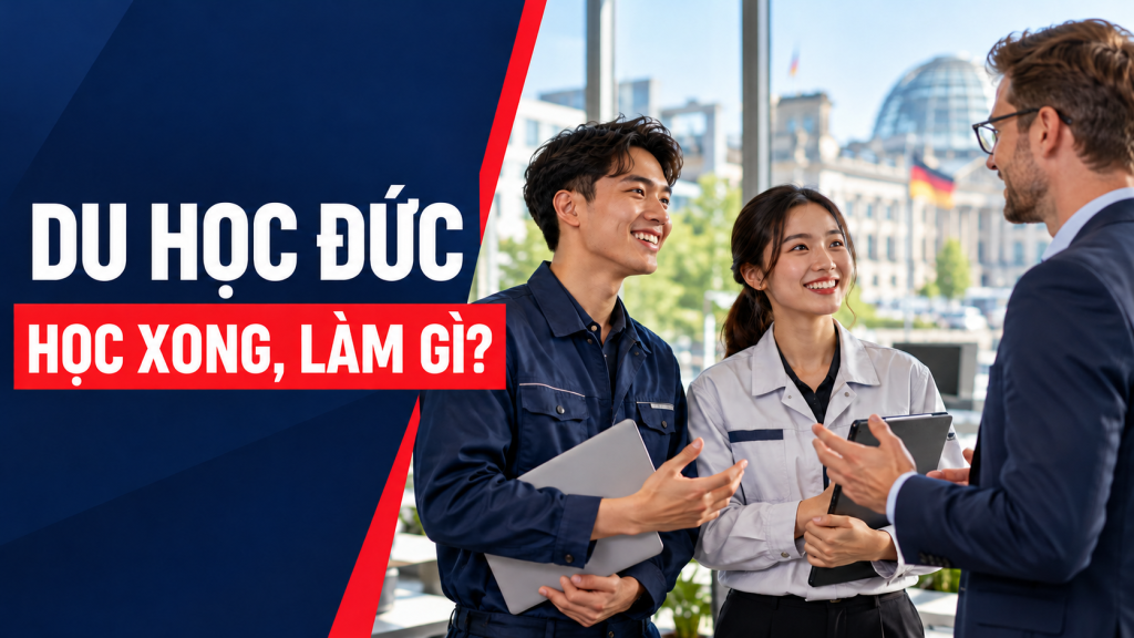 Ảnh minh họa người hoàn thành đào tạo trao đổi công việc, có chữ Du học Đức – Học xong, làm gì?