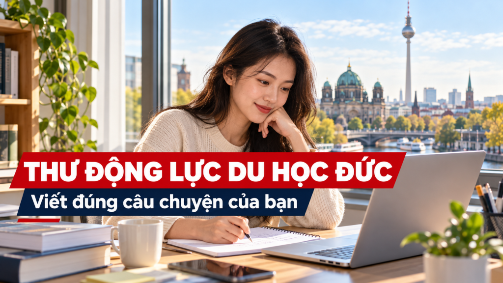 Ảnh minh họa người học chuẩn bị thư động lực du học Đức, có tiêu đề trên dải đỏ và xanh