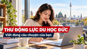 Ảnh minh họa người học chuẩn bị thư động lực du học Đức, có tiêu đề trên dải đỏ và xanh