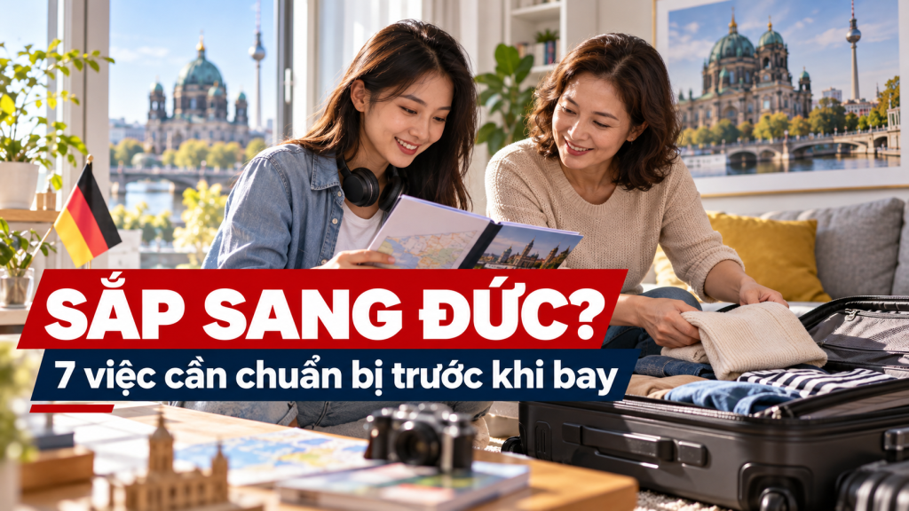 Ảnh minh họa người học cùng mẹ chuẩn bị hành lý, có chữ Sắp sang Đức và bảy việc cần chuẩn bị